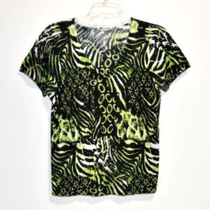 Nygard Collection Women's Green Abstract Short Sleeve V-Neck Blouse – Size: M
